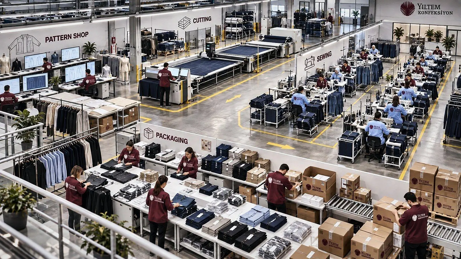 Kalıphane, kesim, dikim ve paketleme bölümleri